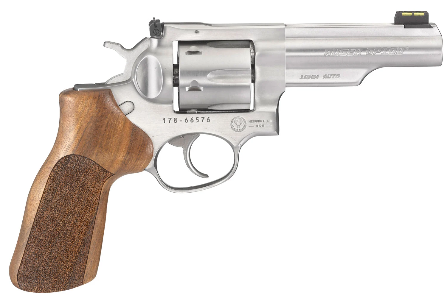 Ruger 1775 GP100 Match Champion 10mm Auto 6rd 4.20" Satin Stainless Half-Lug Barrel, Cylinder & Frame, Hogue Stippled Hardwood Grip, Transfer Bar Safety