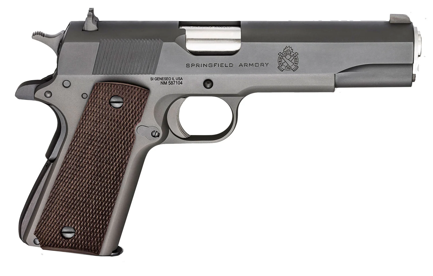 Springfield Armory PBD9108L 1911 Mil-Spec Defender Legacy 45 ACP 7+1 5" Satin Stainless Match Grade Barrel, Black Parkerized Serrated Carbon Steel Slide & Frame w/Beavertail, Checkered Wood Grip