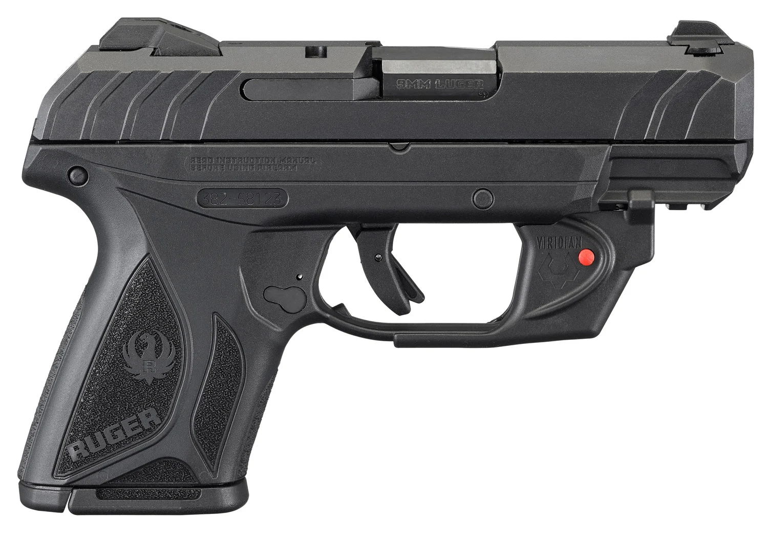 Ruger 3830 Security-9 Compact 9mm Luger 3.42" Barrel 10+1, Black Nylon Grip Frame With Picatinny Acc. Rail, Black Oxide Steel Slide, Manual Safety, Includes Viridian Red Laser