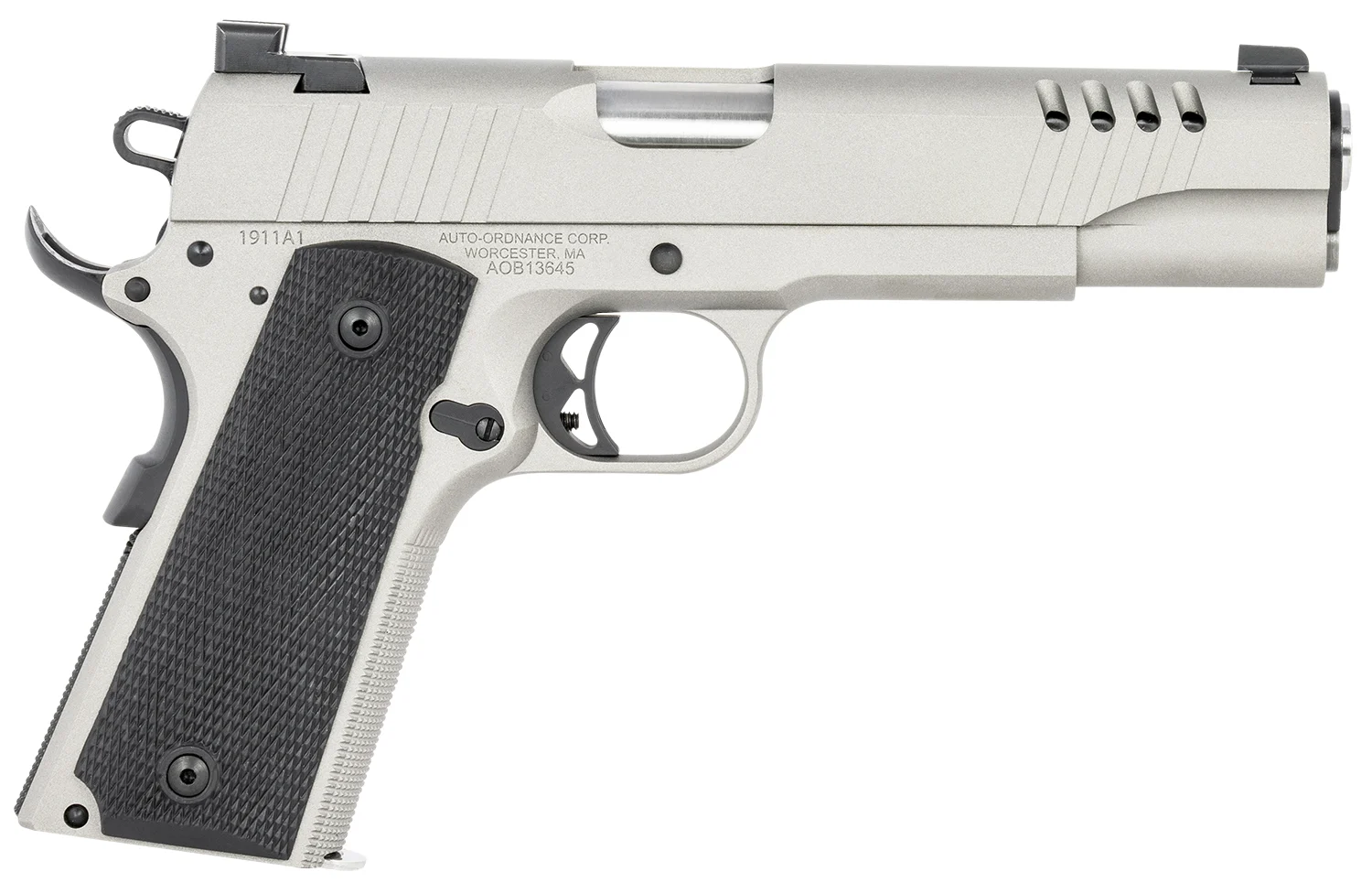 Auto-Ordnance 1911TCAC6 1911 A1 45 ACP 7+1 5″ Savage Silver Cerakoate, Serrated/Ported Slide, Black Rubber Grips, Fixed 3-Dot Combat Day Sights