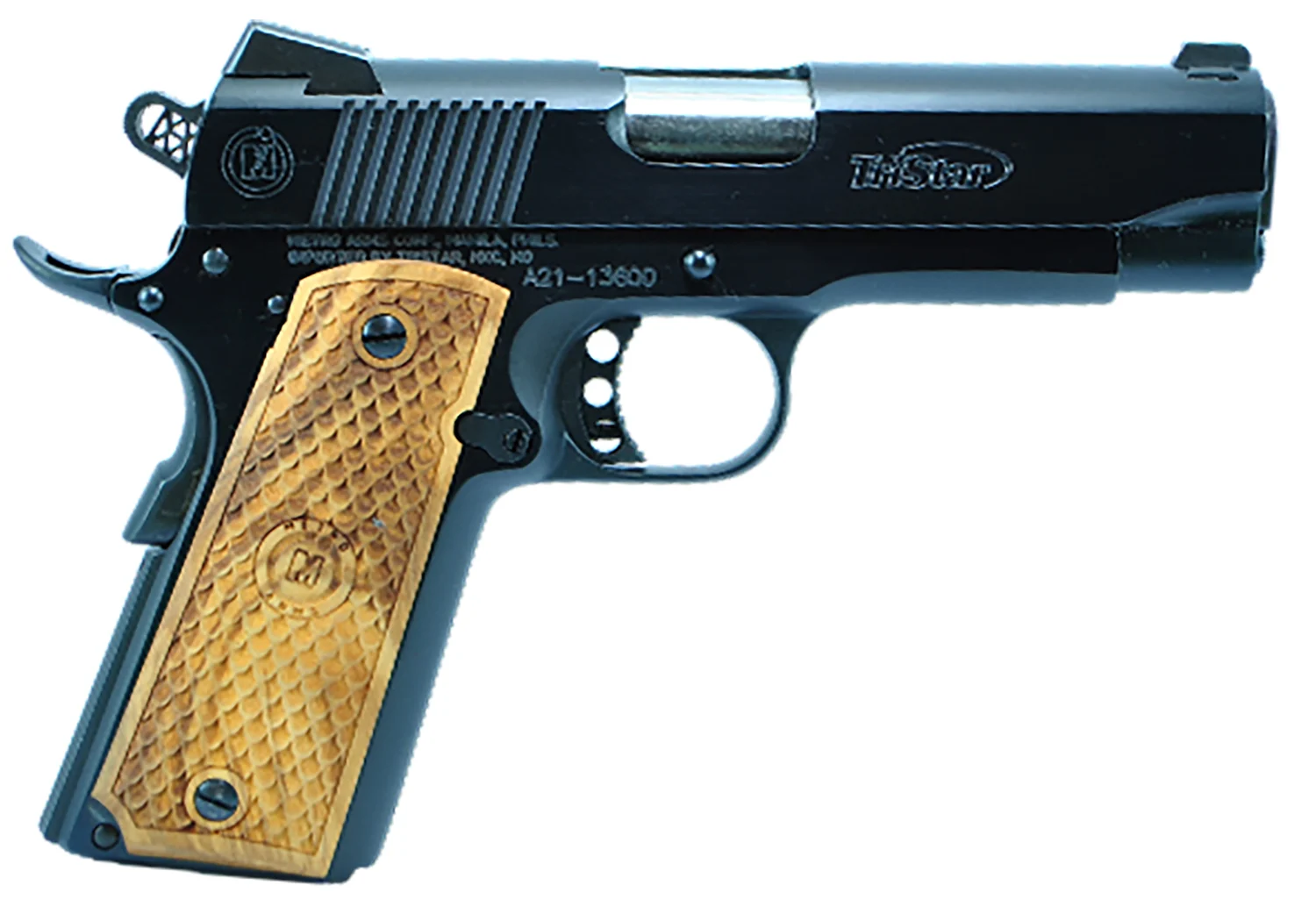 TriStar 85624 American Classic Commander 1911 9mm Luger 9+1 4.25" Stainless Steel Barrel, Blued Steel Serrated Slide, Blued Steel Frame w/Beavertail, Wood Grip, Right Hand