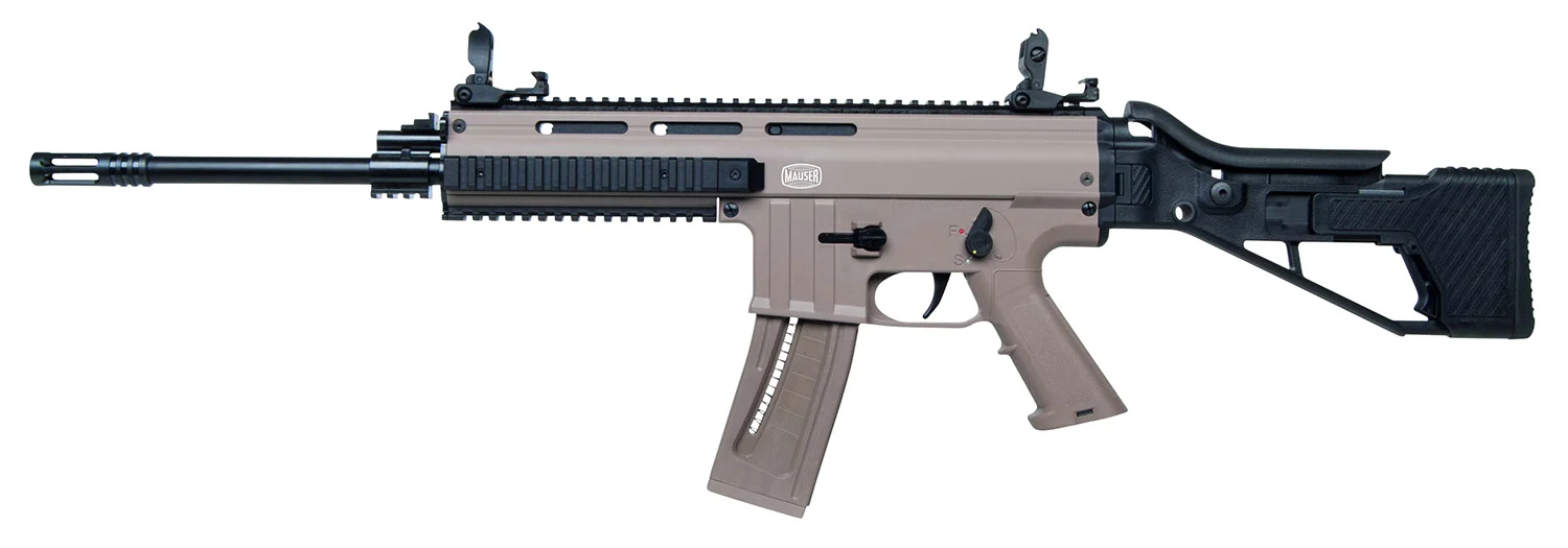 Mauser Rimfire 4150014 M-15 22 LR 22+1 16.50" Barrel w/Flash Hider, Steel Receiver w/Tan Finish, Flip Up Front & Rear Sights, Side Folding Stock w/Adjustable Cheekrest, Manual Thumb Safety