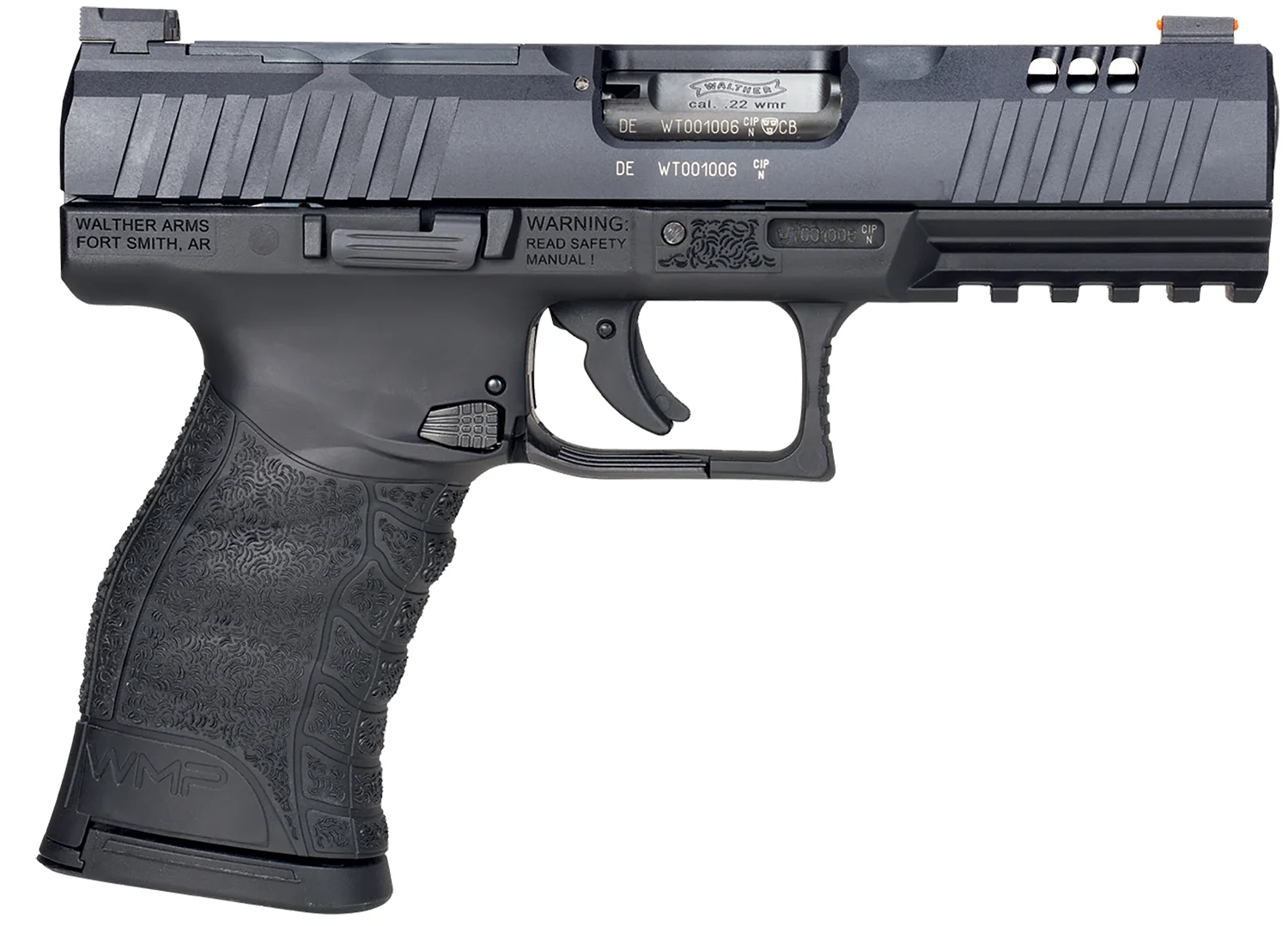 Walther Arms 5220302 WMP Optic Ready 22 WMR 10+1 4.50" Stainless Steel Barrel, Black Optic Ready/Serrated Slide, Black Polymer Frame w/Picatinny Rail, Black Polymer Grip, Right Hand