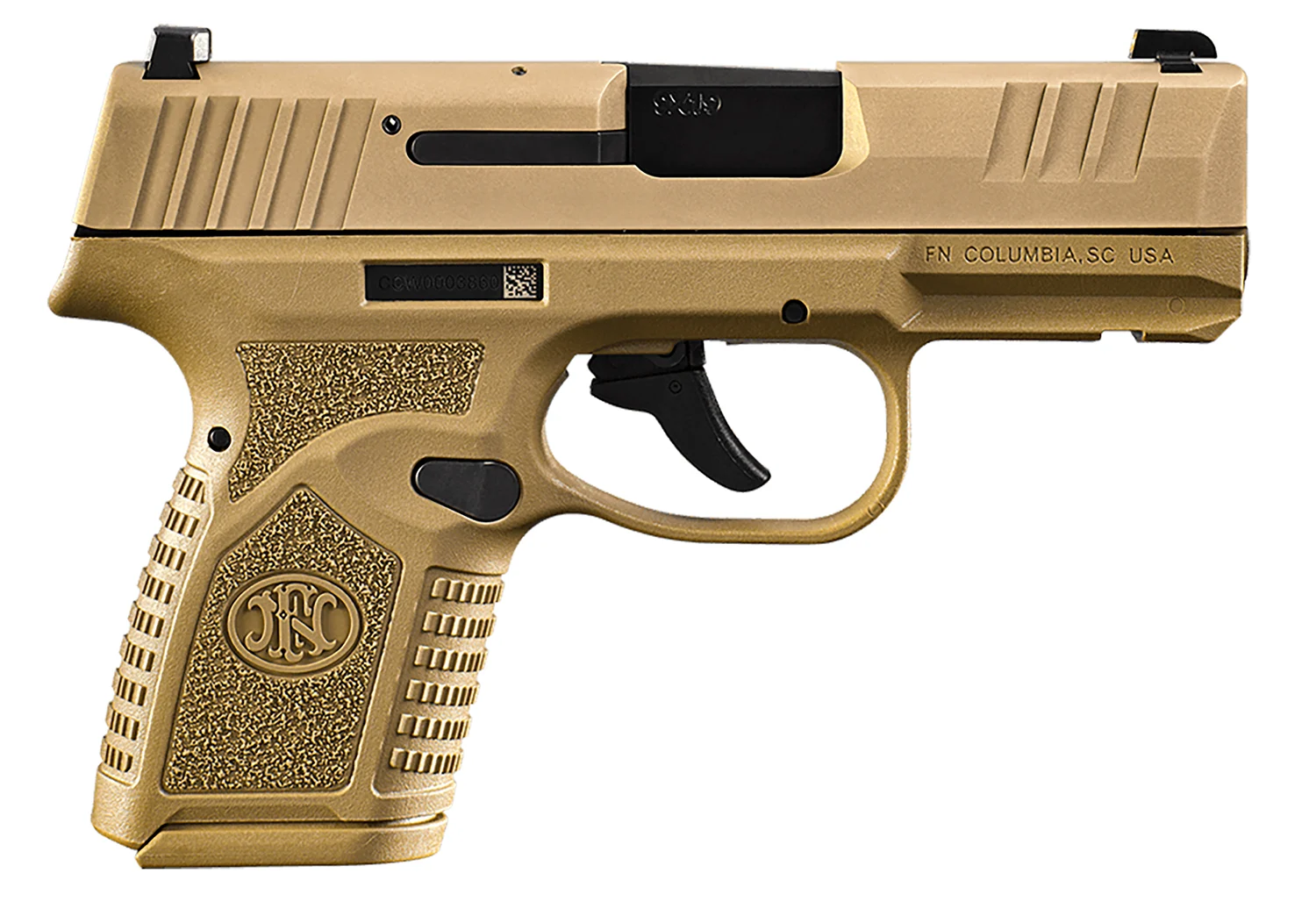 FN 66101413 Reflex Micro-Compact Frame 9mm Luger 10+1, 3.30" Black Target Crown Steel Barrel, Flat Dark Earth PVD Serrated Steel Slide, Flat Dark Earth Polymer Frame w/Picatinny Rail, Ambidextrous