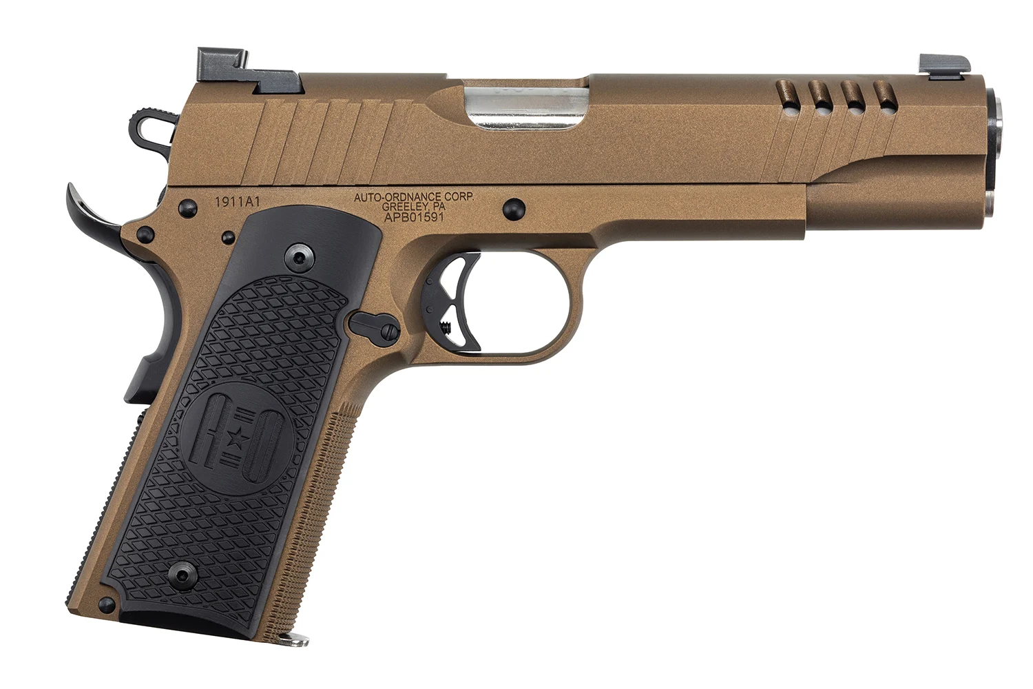 Auto-Ordnance 1911TCAC10 1911 45 ACP 7+1 5" Stainless Steel Barrel, Serrated Stainless Steel Slide, Burnt Bronze Cerakote Steel Frame w/Beavertail, Armor Black Cerakote Engraved Aluminum Grip