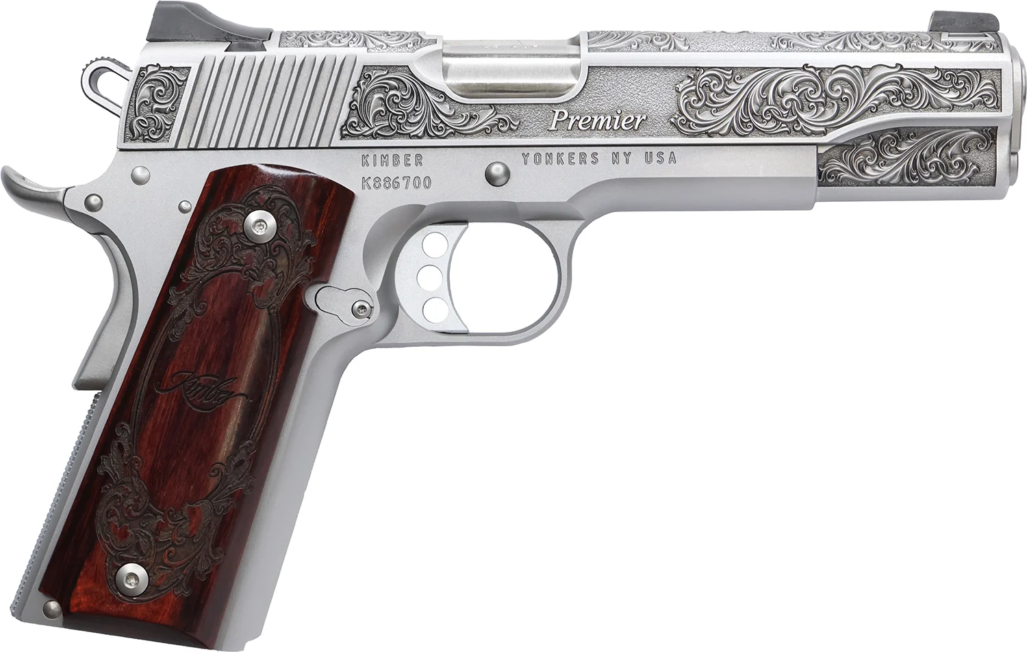 Cnc Firearms CNCPREMIER45 Kimber 1911 Premier 45 ACP 7+1 5" Stainless Steel Barrel, Stainless Steel Engraved Scrollwork/Serrated Slide, Stainless Steel Frame, Engraved Rosewood Grip - CNC Firearms