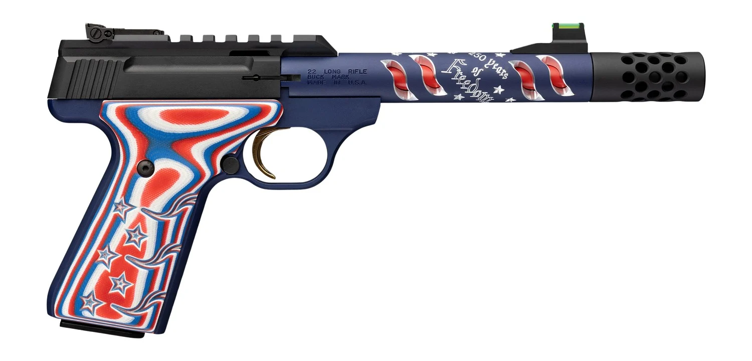 Browning 051615490 Buck Mark Freedom 250 SR 22 LR 10+1 5.90" Waving Flag Threaded Barrel, Blue Anodized Serrated w/Picatinny Rail  Aluminum Receiver, Red/White/Blue G10 Grip - Browning