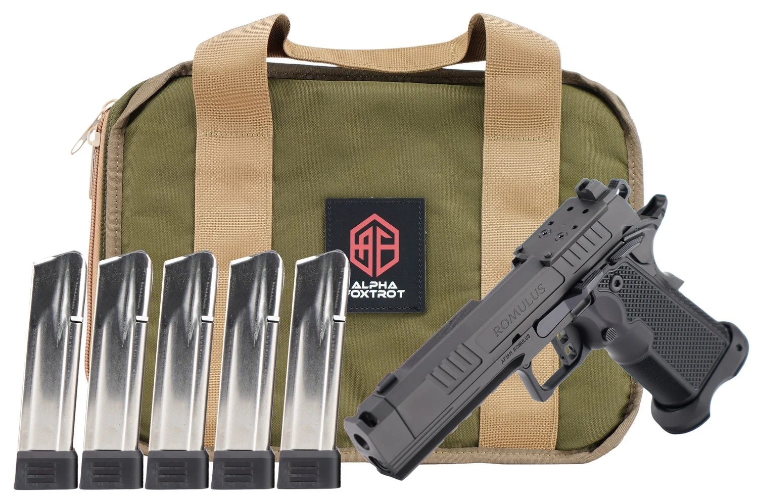 Alpha Foxtrot AA47X1CIG-XDBK20-PROM AF1911 Romulus Promo 9mm Luger 20+1 4.25" Black DLC Threaded Compensated Barrel, Black DLC Stainless Steel Optic Ready/Serrated Slide & Frame w/Beavertail & Picatin - Alpha Foxtrot