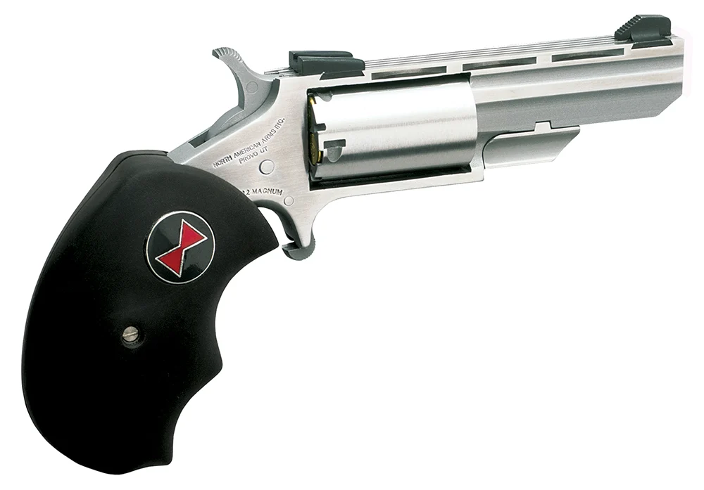 North American Arms BWL Black Widow Compact Frame 22 LR 5 Shot 2" Stainless Steel Vent Rib Barrel, Stainless Steel Frame, Stainless Cylinder, Black Finger Grooved Rubber Grip, Exposed Hammer