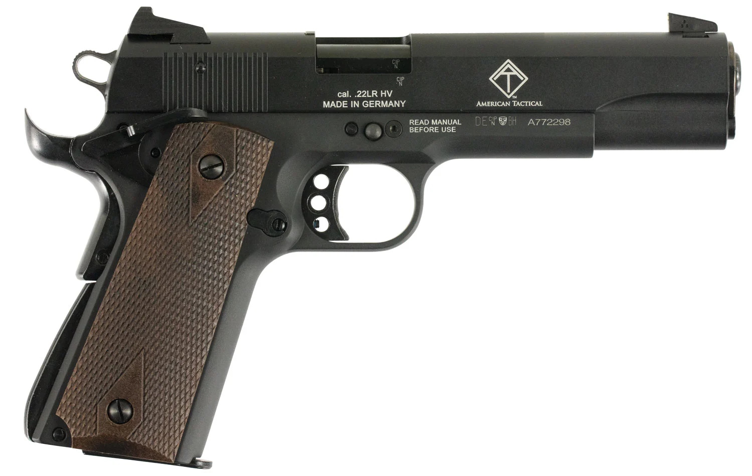 GSG GSG2210M1911 1911 22 LR 10+1 5" Threaded Barrel, Black Anodized Serrated Slide & Zinc Alloy w/Beavertail Frame, Double Diamond Walnut Grip