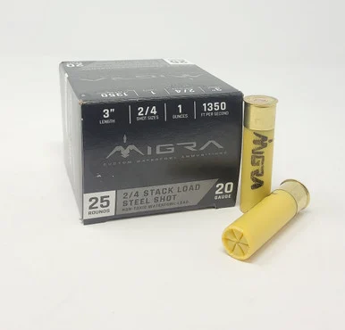 Migra 20 Gauge Ammunition M20S24 3" Length #2/4 Shot 1oz 1350fps 25 Rounds